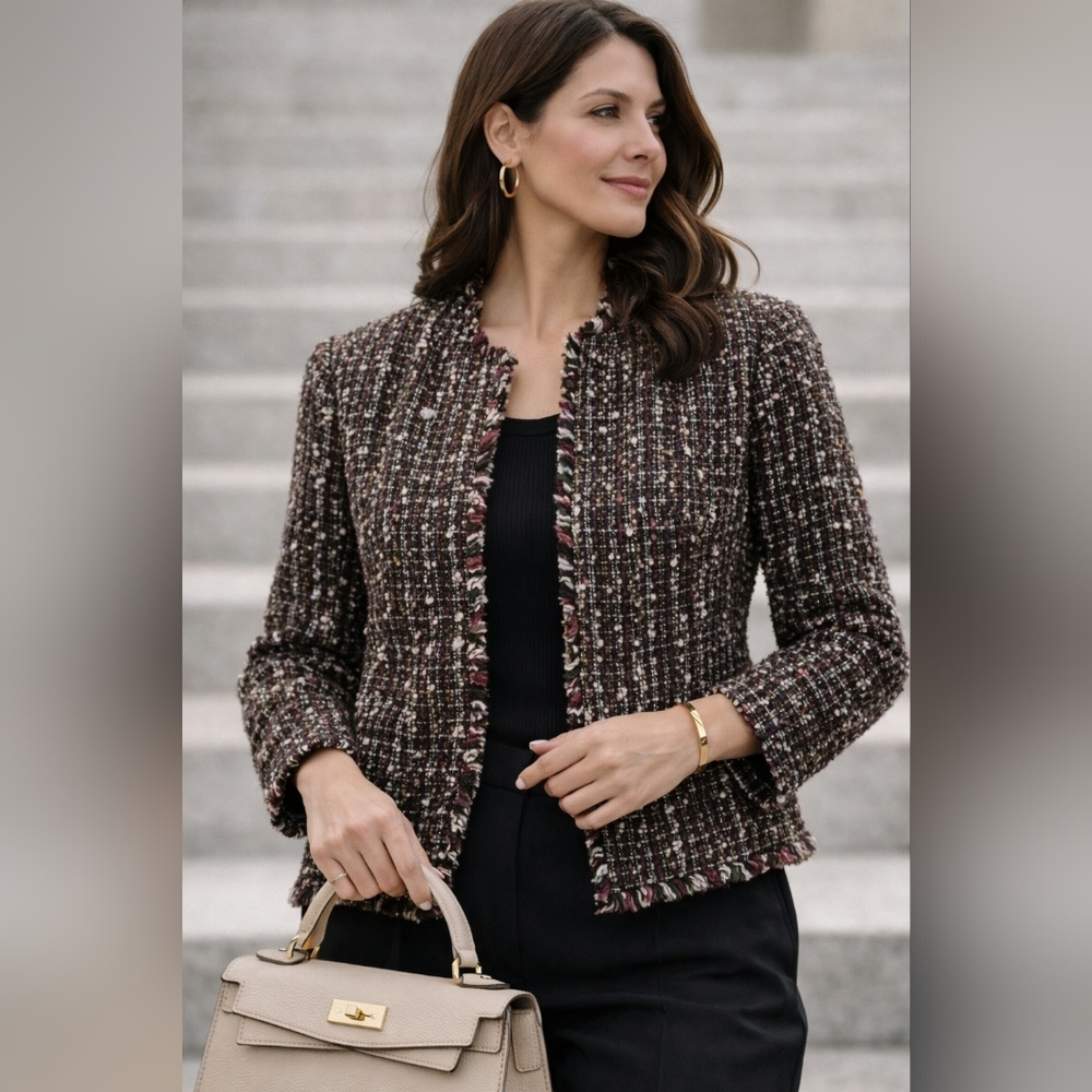 Calvin Klein Brown Multi-Tone Tweed Fringed Collar Jacket